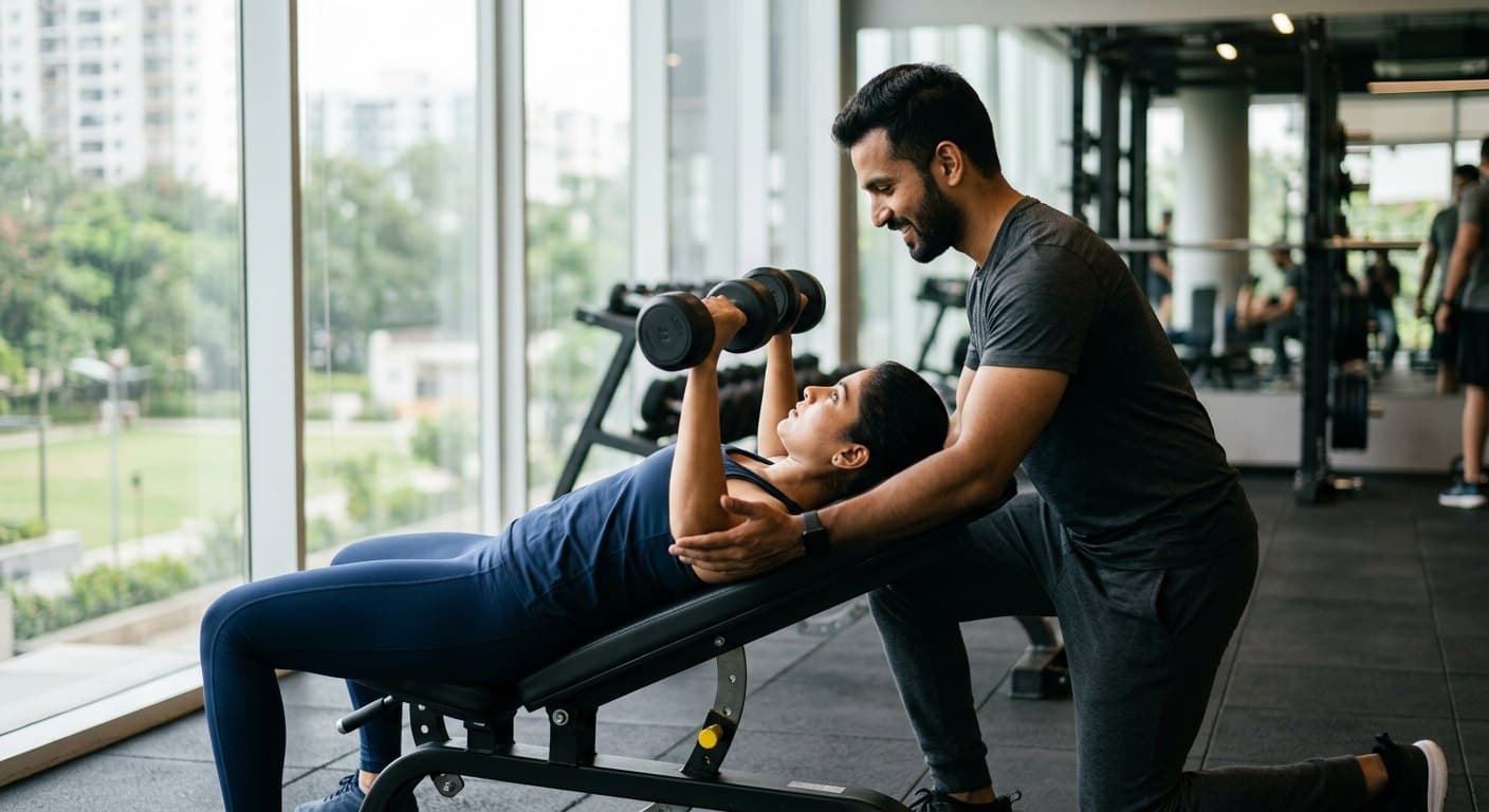 Personal trainer coaching a client through a strength exercise