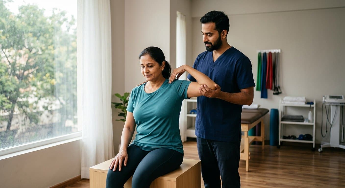 Physiotherapist guiding a patient through a mobility exercise