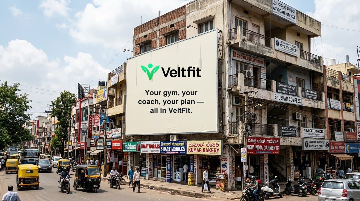 VeltFit advertisement on a Bangalore building hoarding